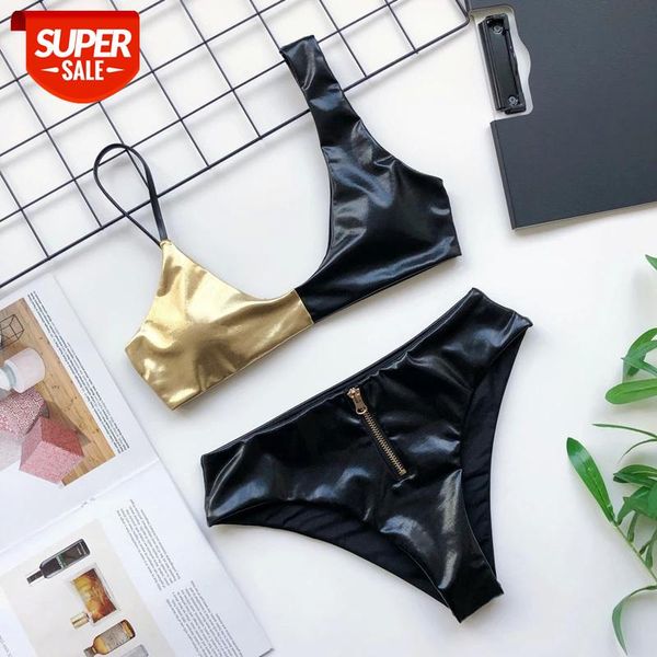 

swimwear solid bikinis women swimming suits zipper beachwear swimsuits women gold bikini set bathers bathing suits #of7i, White;black