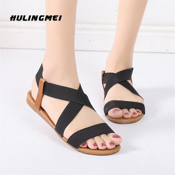 

summer 2020 womens shoes classic elastic band flat sandals woman sewing rome open toe female sandals for women q7jc#, Black