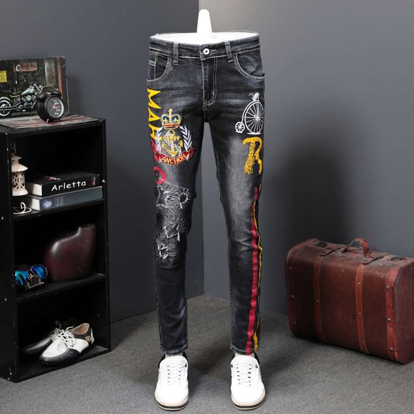 

spring and autumn break patch printed jeans men's elastic slim small straight casual pants youth trendwinter, Blue