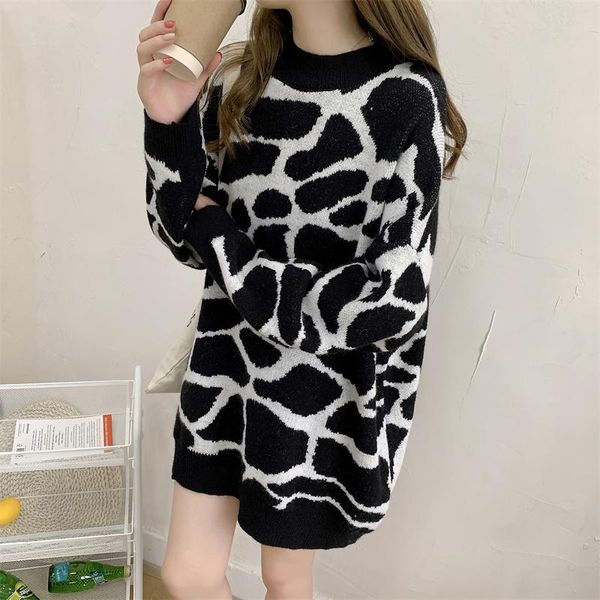

women's sweaters leopard women sweater korean fashion knitted pull over jumper long sleeve o-neck plus size female pullovers fall winte, White;black