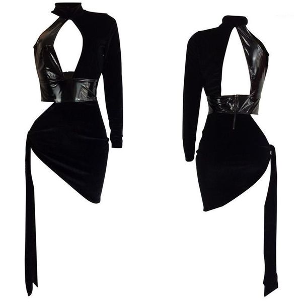 

casual dresses vintage patent leather dress women patchwork keyhole bodycon party clubwear mock neck one shoulder cut out side lace-up, Black;gray