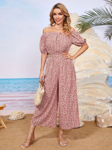 

ditsy floral off shoulder puff sleeve wide leg jumpsuit s4vc#, White