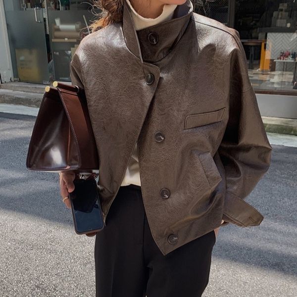 

2021 vintage brown stand collar cropped coats leather jacket women loose fashion streetwear office lady new korean trend oi8h, Black