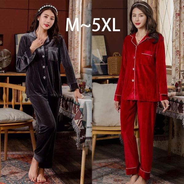 

5xl velvet pajamas warm women pajamas set winter home clothes homewear nightwear cardigan large size pyjamas nightie, Black;red
