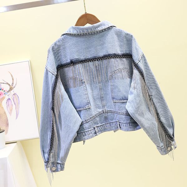 

women's jackets loose form beading tassel denim female punk-style jacket cut vintage jeans high-quality jackets long outwear sleeve o2r, Black;brown