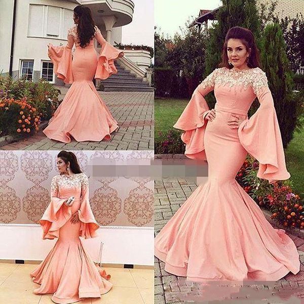 Eleganti abiti da ballo a sirena in stile arabo rosa chiaro con maniche lunghe svasate fino al pavimento abiti da sera formali con applicazioni in pizzo abito per occasioni speciali