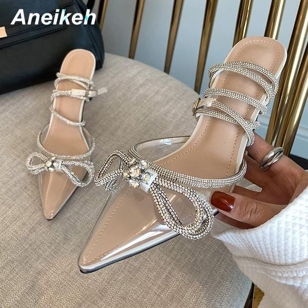 

sandals aneikeh 2021 sapatos das mulheres roman stiletto heel pointed toe pvc ankle strap party bling solid black size 35-39