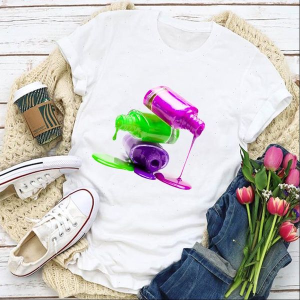 

women graphic 3d bottle beauty short sleeve finger nail summer t shirt lady womens clothing clothes tee t shirt, White
