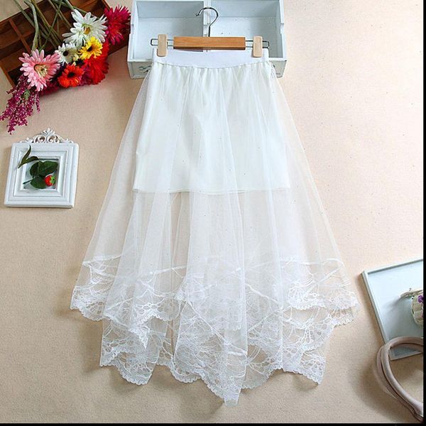 

women high waist scalloped lace trim midi long skirt lined color irregular hem pleated double layer sheer mesh party, Black