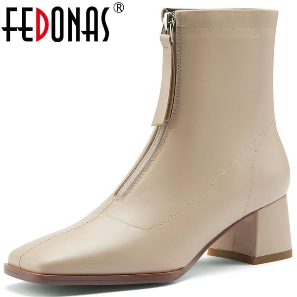 

boots fedonas fashion zipper ankle female 2021 fall winter square toe shoes woman wedding high heels, Black