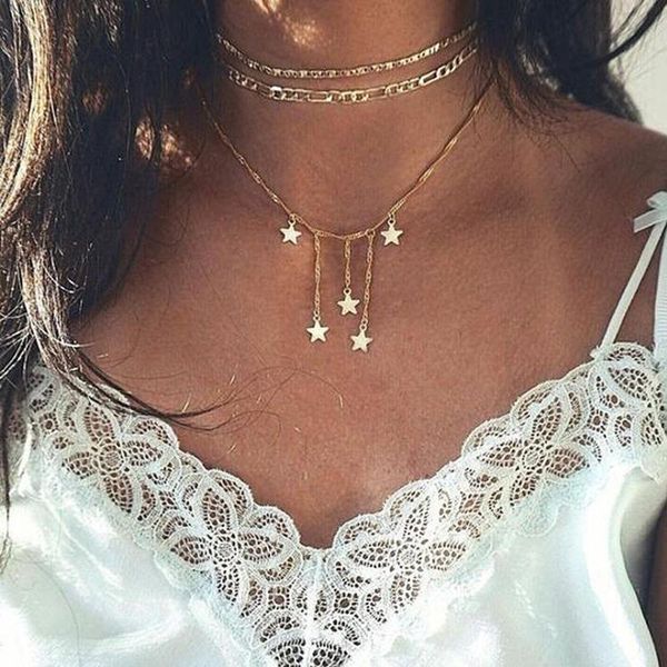 

pendant necklaces bohemian gold color star multilayer necklace for women long tassel choker chain fashion jewelry, Silver