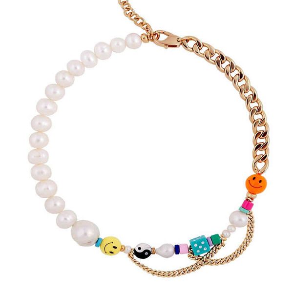 

creative yin yang charm beads baroque freshwater pearl gossip yellow orange smilely blue dice necklace stainless steel chain, Silver