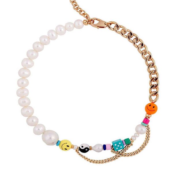 creativo Yin Yang fascino perline barocco perla d'acqua dolce Gossip giallo arancione smilely blu dadi collana catena in acciaio inossidabile