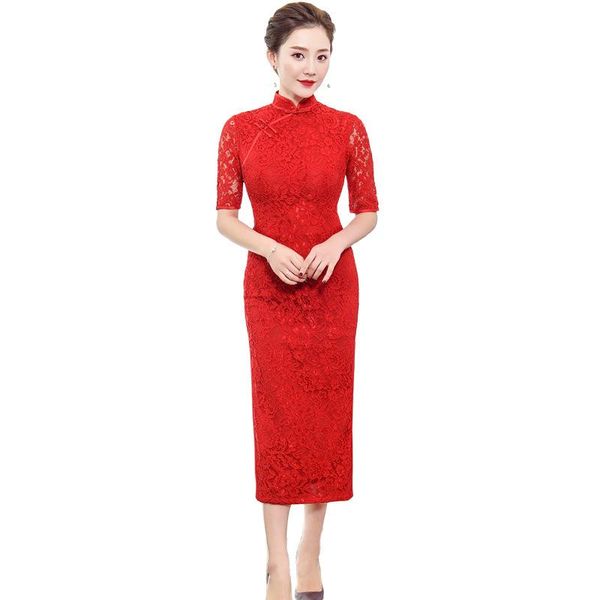 

chinese traditional red lace cheongsam women long dress size s-3xl
