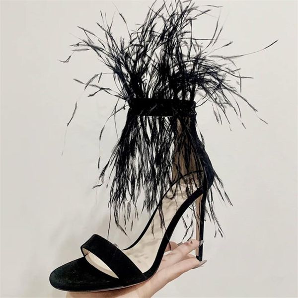 

black suede women sandals feather decor high heels 2021 new summer sandalias mujer party dress shoes women pumps big size 42