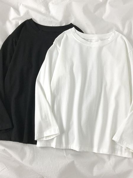 

women's t-shirt white long sleeve women pure cotton autumn / winter 2021 korean loose with bottom coat
