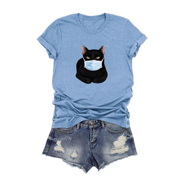 

cartoon cat mask printed t-shirt short sleeve o-neck women o-neck summer loose tshirts tee harajuku graphic clothing, White
