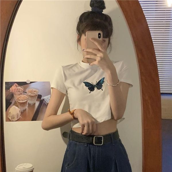 

women t-shirt cute butterfly printed crop tshirt tee funny fashion vogue cartoon t shirt harajuku streetwear clothes, White