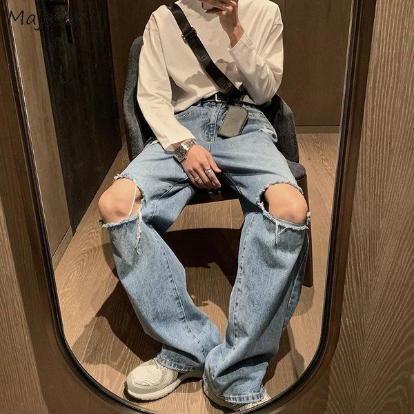 

men's jeans men harajuku retro denim hole trousers design baggy ripped jean zipper wide-leg bottoms teens streetwear ulzzang ins, Blue