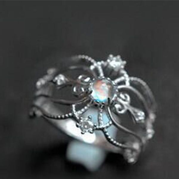 

wedding rings elegant princess style cz hollow-out silver color moonstone crown for women engagement party jewelry gift, Slivery;golden