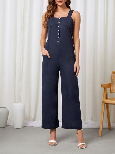 

emery rose dual pocket half button cami straight leg jumpsuit n0vz#, White