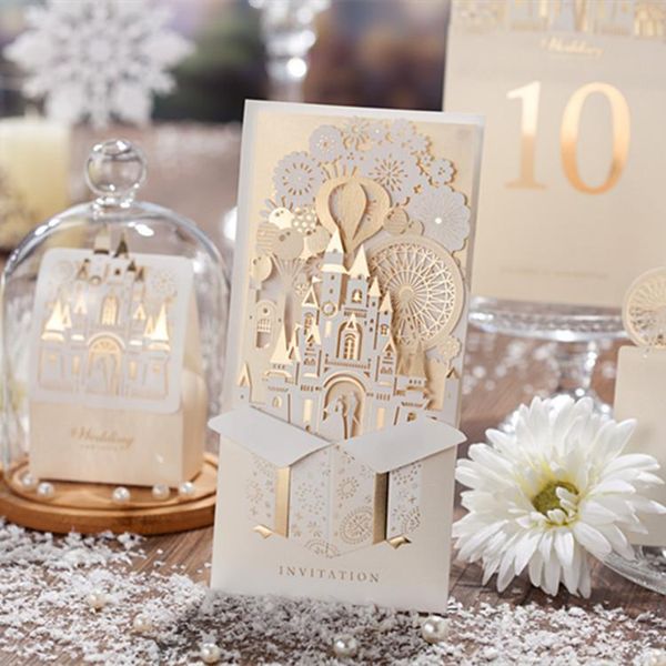 

greeting cards wishmade champagne gold 3d wedding invitations laser cut invitation with bride and groom in castle for party, customizable
