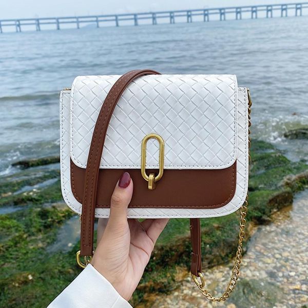 

evening bags vintage women weave flap shoulder luxury handbag contrast pu leather messenger bag female small chain crossbody