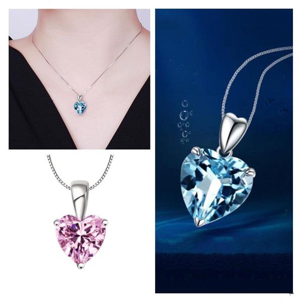 

pendant necklaces classic crystal red blue purple green pink heart necklace for women jewelry pure silver plated girls clavicle
