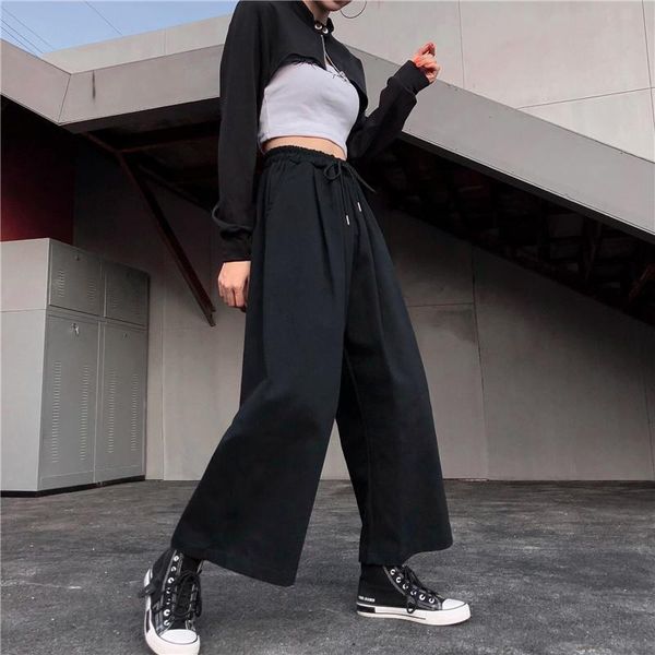 

women's pants & capris goohojio 2021 summer fashion womens high waist trousers streetwear for women wide leg pure color, Black;white