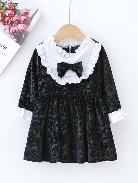 

baby scroll print flounce sleeve ruffle trim bow velvet dress she, Red;yellow