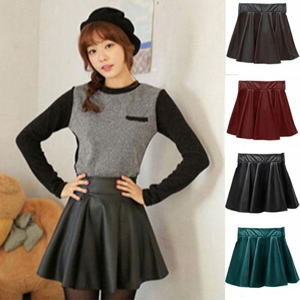 

skirts fashion women faux leather black mini elastic hight waist pleated skirt 2021 casual female clothes