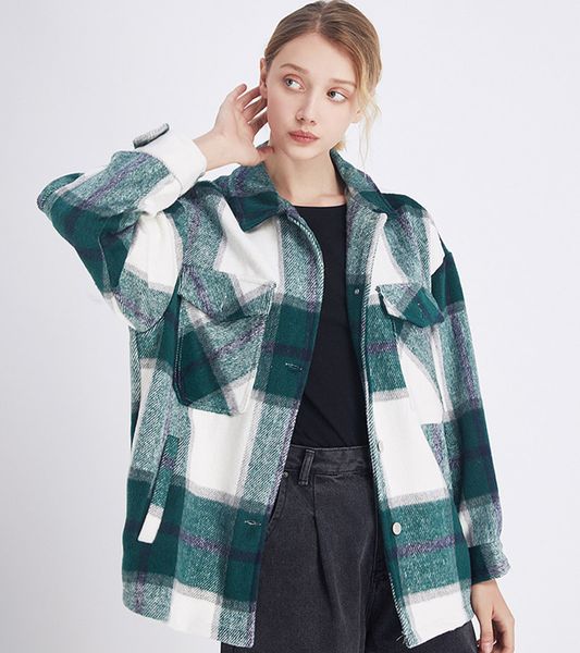 

plaid jacket vintage stylish pockets oversized jacket coat women 2020 fashion lapel collar long sleeve loose outerwear chic, White