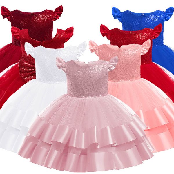 

girls dresses children clothing kids clothes 1st birthday dress for baby girl princess christmas lace sequin formal party bows headbands 2pc, Red;yellow