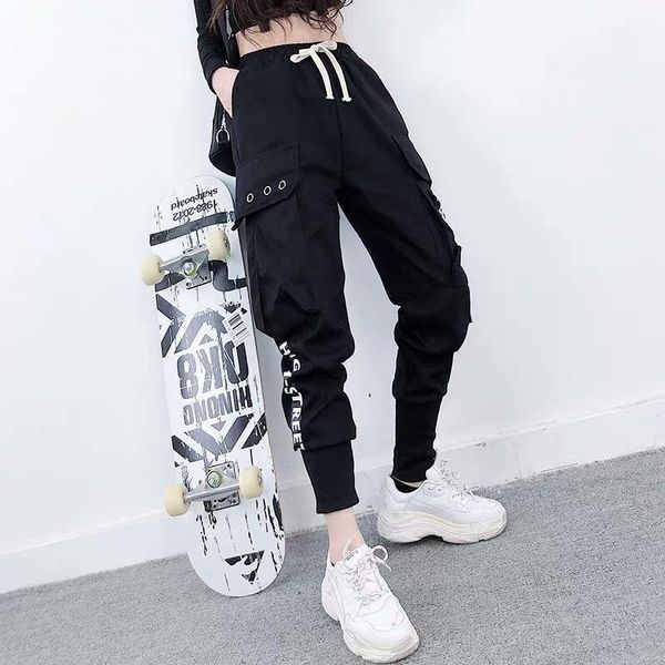 

women's pants & capris 2021 women big pockets cargo high waist baggy tactical trouser loose streetwear hip hop joggers, Black;white