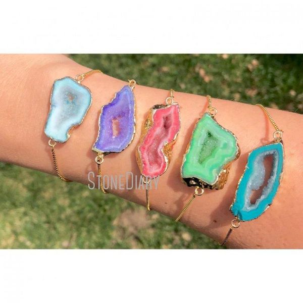 

link, chain bm14722 agate geode slice bracelet cuff adjustable gold box teal green purple turquoise aqua rainbow, Black