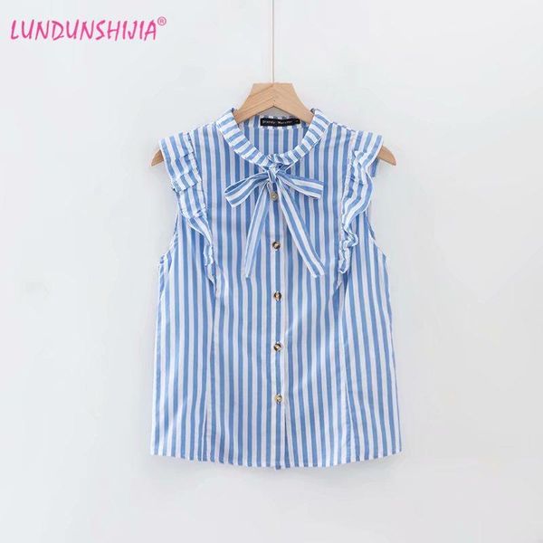 

blusas femininas 2021 summer women blue stripe elegant blouse cute bow collar sleeveless shirts women's blouses &, White