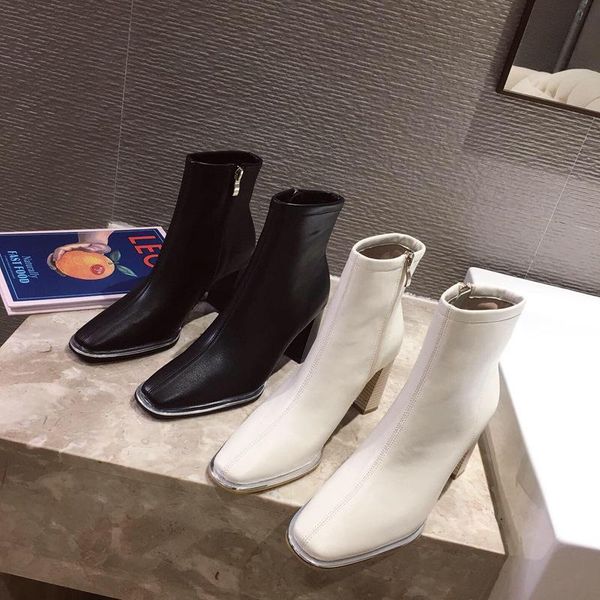 

boots female 2021 autumn square head thick sole british style women side zipper high heel work shoes, Black