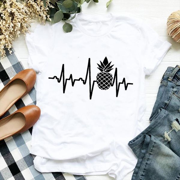 

pineapple heartbeat printed women t shirts short sleeve tee clothes graphic, White