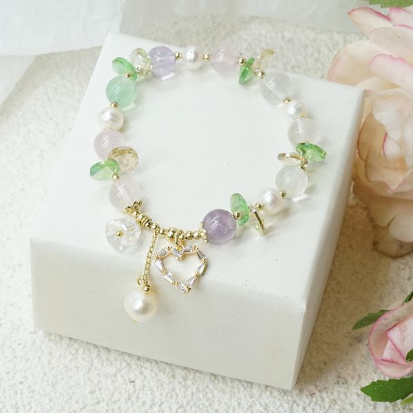 

arrival summer love heart candy colors fluorite natural freshwater pearls crystal beaded bracelets women fine jewelry ybr391, Golden;silver