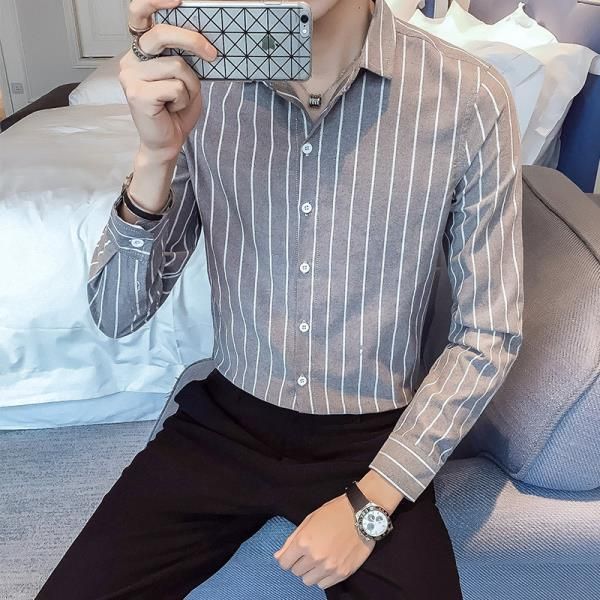 

men's casual shirts korean cotton shirt, tight striped leisure, business, spring and autumn, 2021, White;black