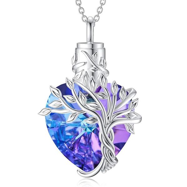 

chains purple crystal heart urn necklace tree of life cremation jewelry for ashes keepsake memorial pendant, Silver