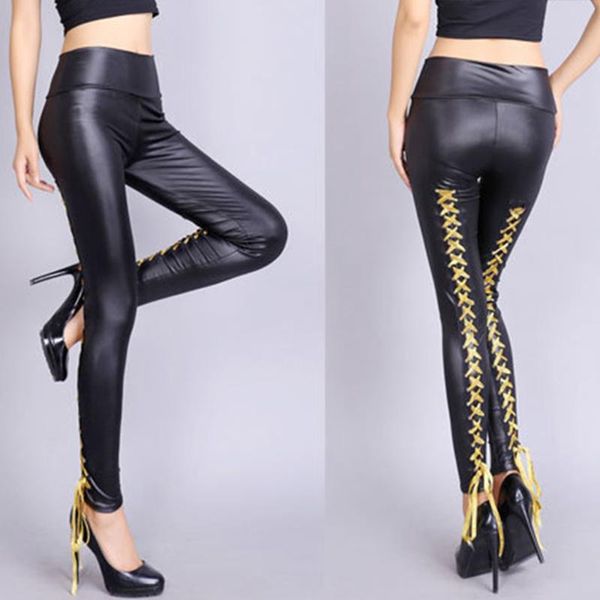 

legging en cuir pour femme, pantalon taille haute, noir, tendance, Ã lacets, Black