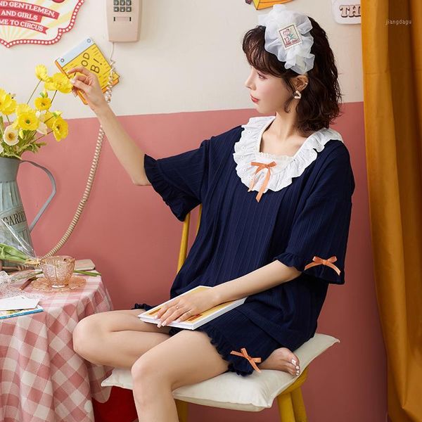 

summer pajamas set for women korean ruffle sleepwear kawaii bow homewear ladies cotton short sleeve nightwear 2 piece woman men's, Black;brown