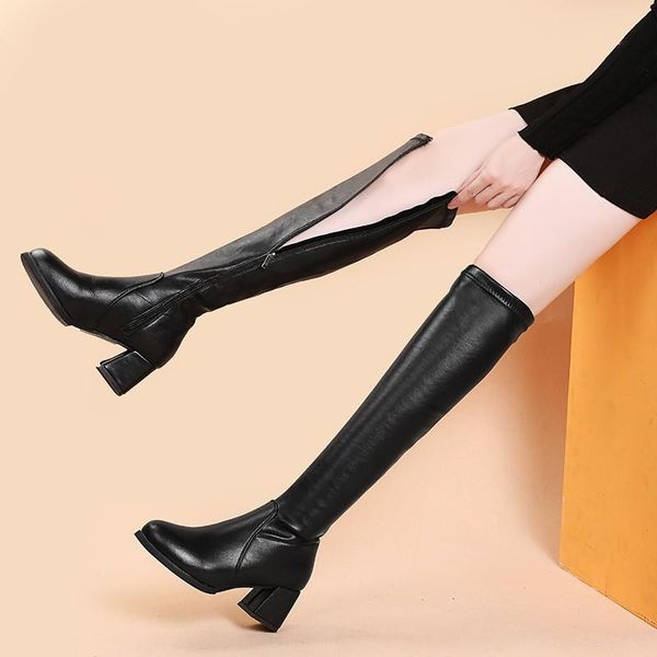 

boots european long tube riding women round toe zipper chunky high heels bottes slim soft pu leather over-the-knee botas 2021, Black
