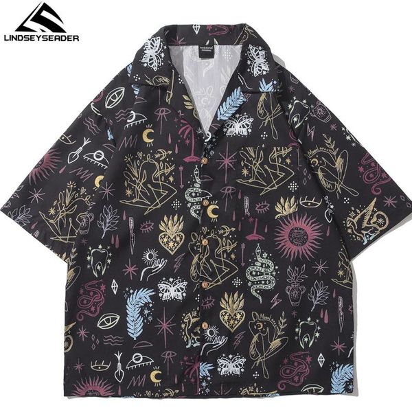 

men's casual shirts lindsey seader vintage symbols graffiti print streetwear harajuku summer short sleeve oversized clothing, White;black
