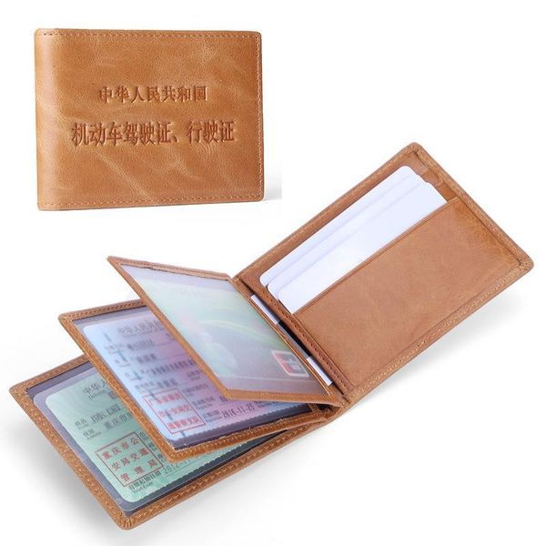 

card holders driver's license cover leather motor vehicle driving case oil wax transparent window document bag retro, Brown;gray
