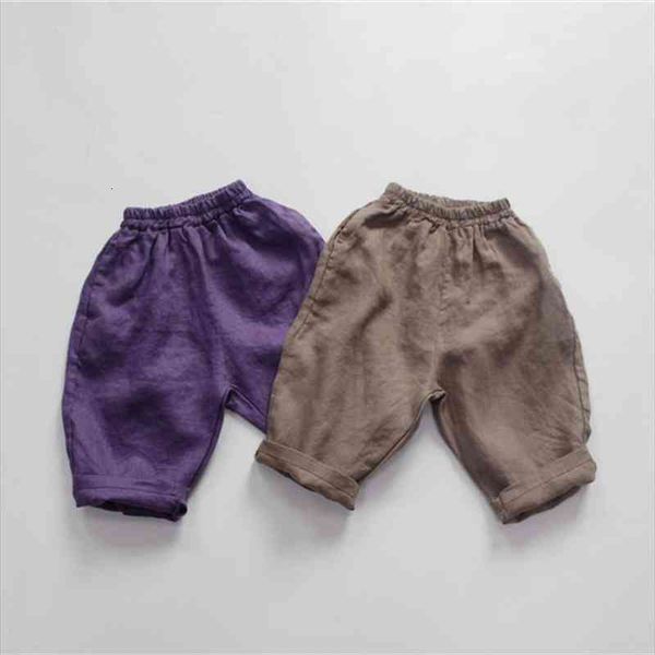 

summer kids cotton linen calf-length pants korean style loose solid color children trousers, Blue