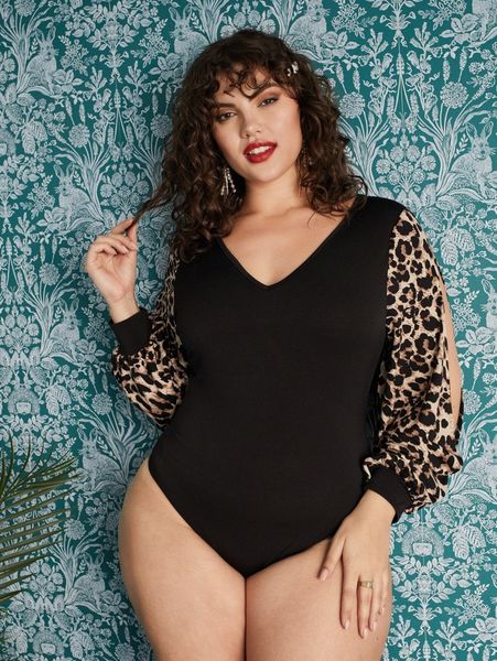 

plus leopard print cutout bodysuit 56eb#, Black