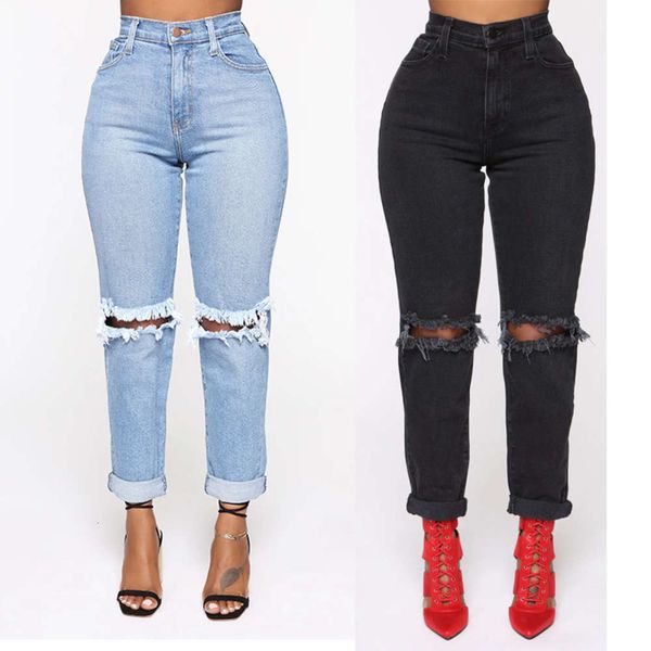 

sales of with holes, slim and elastic trousers, Blue
