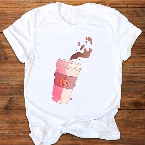 

women graphic pumpkin coffee cartoon cute 90s fall autumn halloween print clothes lady tees female t shirt womens t-shirt, White
